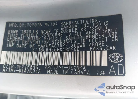 2016 Toyota Corolla Le from USA, damaged, VIN 2T1BURHE6GC488288